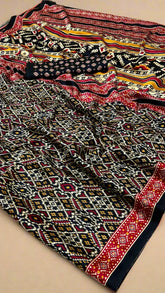 Black and Red Contemporary Ajrakh Satin Crepe Silk Saree